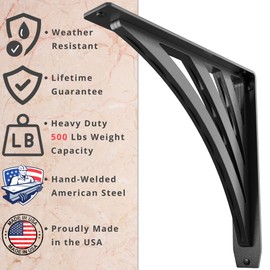 Starby Black Shelf Brackets Heavy Duty ~ Iron Wall Corbel Supports for Countertop, Fireplace Mantel, Shelves ~ Wrought Iron Black ~ Hand Welded Stacked Steel ~ 500# Capacity ~ 2 Pack (12"x12")