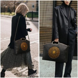 ah arctic hunter Genuine Leather Handbags for Women, Organizer Crossbody Bag Large Satchel Vintage Embossing Totem Shoulder Bag, Navy Blue, 14.37*4.13*10.63inches