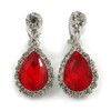 Ruby Red/Clear Crystal Teardrop Clip On Earrings In Silver Tone