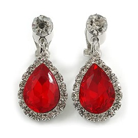 Ruby Red/Clear Crystal Teardrop Clip On Earrings In Silver Tone Metal - 33mm L
