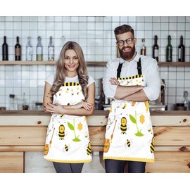 WONDERTIFY Cartoon Bee Apron,Cute Bee and Blooming Flowers Sweet Honey Bib Apron with Adjustable Neck for Men Women,Suitable for Home Kitchen Cooking Waitress Chef Grill Bistro Baking BBQ Apron