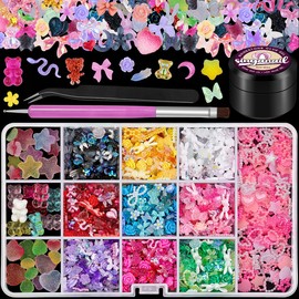 Sinyanail 3D Resin Nail Charms Rabbit Flower Bear Bowknot Hollow Star Heart Pearls Nail Jewelry Gems Gummy Heart Start Bear Nail Beads with Nail Charm Glue and Pickup Tools (13 Charms with Glue)