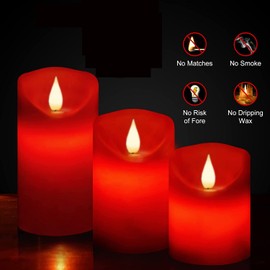Roomsily Flameless Battery Operated Flickering Candles:3PACK Red Real Wax Pillar Candle,Electric LED Candle with 10-Key Remote Control and 24 Hours Timer for Home Decoration Holiday Party