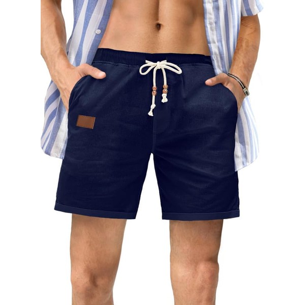 JMIERR Linen Men's Shorts with 3 Pockets 2024 Summer Shorts Chino Shorts Cotton Elastic Waist, A Blue