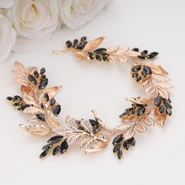 Teyglen Crystal Bridal Hair Vine Rhinestone Wedding Headband Gold Leaf Hair Vine for Bride Hair Accessories Black Rhinestone Hair Vine Headpiece for Women Girls (Black)