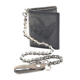 Lemasi Biker Wallet with Chain Natural Hunter Leather Wallet with RFID Protection Skull, Grey with bicycle chain high, Contemporary
