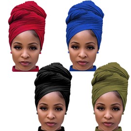 4 Packs Stretch Jersey Turban Heads Wrap African Head Wrap for Women Head Scarf Soft Headband Long Hair Scarf