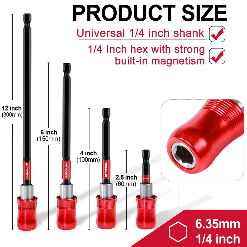 Geinxurn 4PCS Impact Screwdriver Bit Holder Set, Magnetic Extension Quick-Change