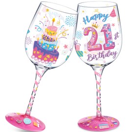 Funnymoom Hand Painted Wine Glass Birthday Gifts for Her Artisan Painted 15oz Gift Happy Birthday Cups (Pink,21st Birthday)