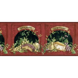 CONCORD WALLCOVERINGS ™ Wallpaper Border Vintage Pattern Cheese Grapes Words for Cottage Kitchen Dining Room, Red Black Green Beige, 15 ft by 10.25 in KM7846B