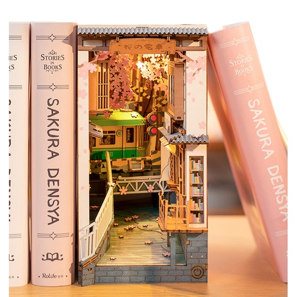 Rolife DIY Booknook Cherry Blossom Train 3D Puzzle Miniature House Kit Bookends Bookends LED Bookshelf Decor Handmade Kit Assembly Wooden Puzzles Wood Craft with Illustration Instructions TGB01 Official Sale Great Gift for Adults High School
