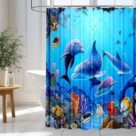 WOWTOY Shower Curtain 3D Digital Printing Home Garden Waterproof Shower Curtain Liner, Quick-Dry Washable Shower Curtain for Shower Stall, Bathroom with 12 Hooks (180 x 180cm, C-Dolphin)