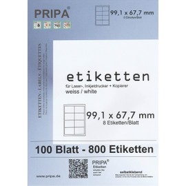 pripa - Etikett 99,1 x 67,7 mm - 8 Stueck auf A4-100 Blatt DIN A4 selbstklebende Etiketten - DHL-Post