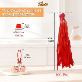 Limso 100 PCS Mesh Nylon Netting, 24 Inch Mesh Produce Bags Seafood Boil Bags, Reusable Onion mesh bag, with Loop-Style Closures (Red)