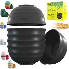 DINETHICS 60 OZ 6 Big Bowl Set - Wheat Straw Bowls - Unbreakable Microwave Safe Bowls - Large Cereal Bowl - Salad Bowls Large Serving Bowls For Kitchen -Bowls For Family Movie Night (Black)