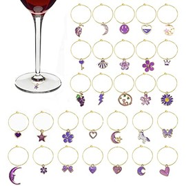 GUZUHUKU Funny Wine Glass Charms, 30pcs Drink Markers for Stem Glasses Cute Styles Wine Charm Rings Markers Tags Reusable Wine Charms for Wine Tasting Party Christmas Wedding Decorations (Purple)