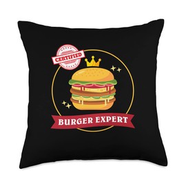 Snack Cheese Tomato Buns Fast Food Ground Beef Tee Certified Burger Expert Restaurant Patty Ketchup Bun Lettuce Throw Pillow, 18x18, Multicolor