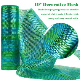 HUIHUANG Peacock Color Deco Mesh 10 inch Wide Mesh Ribbon for Peacock Christmas Tree Decorations, Metallic Blue and Green Ombré Mesh for Trees, Garlands, Wreath Supplies, Swags, Bows-10 Yards