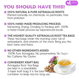FreshDrinkUS, Premium 75 Astragalus Root Tea Bags, 100% Natural & Pure from Astragalus Root Herbal Tea. Made with Natural Material Tea Bags. No Sugar, No Caffeine, No Gluten, Vegan.