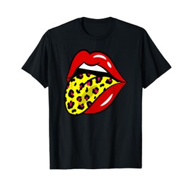 Red Lips Leopard Tongue Yellow Pattern 70s Retro Vintage T-Shirt