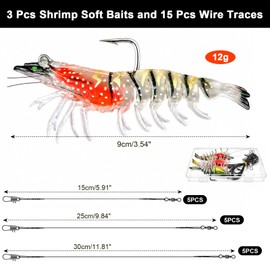 DONQL 3 Pcs Shrimp Soft Baits Pre-Rigged with Hooks, Sea Fishing Rigs with 15 Pcs Wire Traces, Rip-Proof TPE, Glow in the Dark, Bass Lures for Bass, Trout, Walleye & Crappie in Freshwater or Saltwater