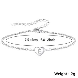 Funny S925 Silver 26 Letter Initial A-Z Heart Pendant Bracelet Gift For Daughter Sisters Friends Mum Birthday Christmas Adjustable Jewellery (E)