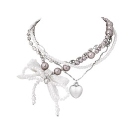 OJERRY Grunge Chunky Layered Costume Statement Pearly Big Bow Heart Choker Necklace Cool Rave Techno Alt Edgy Unusual Necklaces Jewelry Coolest Gifts for Women Grungy Trendy