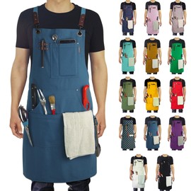 [Stenffy] Handmade Apron, Cotton Canvas, Multi Pockets, Cross Back Weight Adjustable Apron, Barbecue, Cafe, Kitchen, Painting, Carpenters, Artist Apron, Men Apron, Women Apron, Size M to XXL, blue