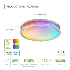 ASD LED 14" Round Flush Mount Lighting, Close to Ceiling Light Fixture | Smart, Multicolor, Dimmable, ETL Listed | 21W 1430LM RGB-2700-6500K 120V | Low Profile Double Ring Lamp | Nickel, 4 Pack