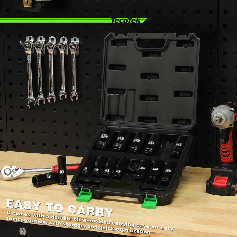 TecoTek 14PCS 1/2" Deep Drive Impact Socket Set, 6-Point, Metric