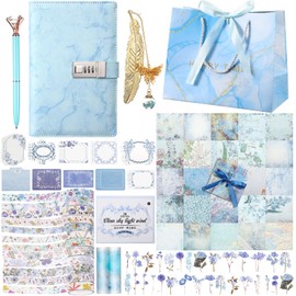 Janlaugh DIY Journal Diary with Lock Set Scrapbook Kit Stationary Diary Supplies Art Crafts Kit for Birthday Holidays Ideal Gifts for Women Teen Girls(Blue,Cute)