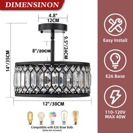 3-Light Crystal Ceiling Light, Black Semi Flush Mount Ceiling Lighting Fixture with Drum Shade, Dia 12" Lighting Fixtures for Hallway, Kitchen, Entryway, Bedroom, Laundry Room