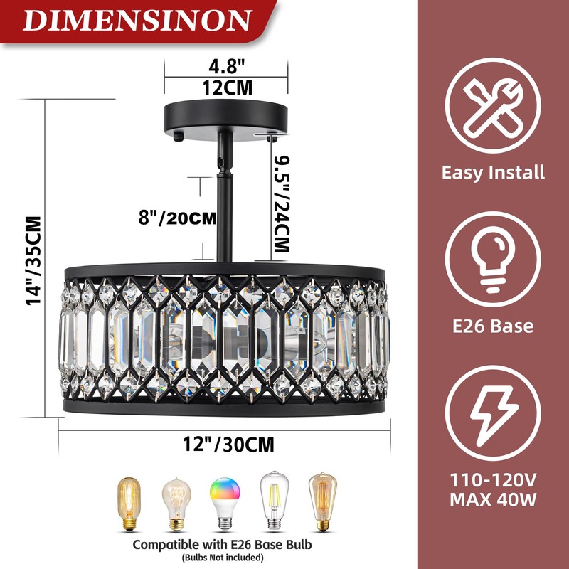 3-Light Crystal Ceiling Light, Black Semi Flush Mount Ceiling Lighting