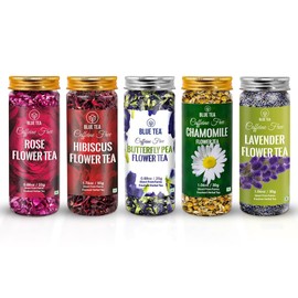 BLUE TEA - Flower Tea Combo - 5.64 Oz (Pack of 5) | Black Deals Friday 2025 | Butterfly Pea, Rose, Hibiscus, Chamomile, Lavender | VARIETY PACK | Caffeine Free - Non-Bitter - Herbal Tea - Flower Based | Pet Jar Pack