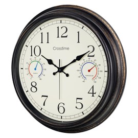 16 Inch Large Outdoor Clock Waterproof with Thermometer and Hygrometer Combo, Retro Vintage Indoor Outdoor Wall Clocks for Patio Pool Garden Living Room Home Decor- Bronze