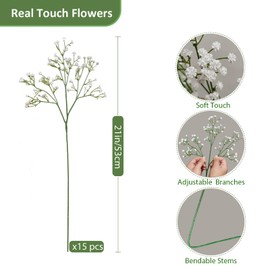 15 Pcs Babys Breath Artificial Flowers, Baby Breath Flowers Artificial Bulk, Real Touch Baby’s Breath Babies Breath Long Stems, Fake White Gypsophila For Bonquet Vase Wedding Decor Flower Arrangement
