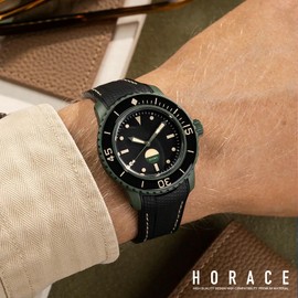 HORACE 22mm Rubber Watch Strap Compatible with Blancpain x Swatch Scuba Fifty Fathoms (Black - Beige Abyss Stitches)
