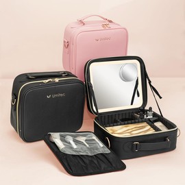 Makeup Bag with 3 Color Led Mirror, PU Leather Travel Cosmetic Bag Makeup Organizer Bag, Portable Makeup Case Adjustable Dividers Storage Box, Gift:_pink