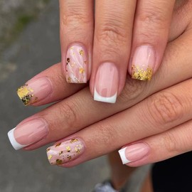 24Pcs White French Tip Press on Nails - Short Square Gold Foil Fake Nails Glossy Pink Nails Full Cover Glue on Acrylic False Cute Artificial Stick on Nails Reusable for Women Nail Decoration