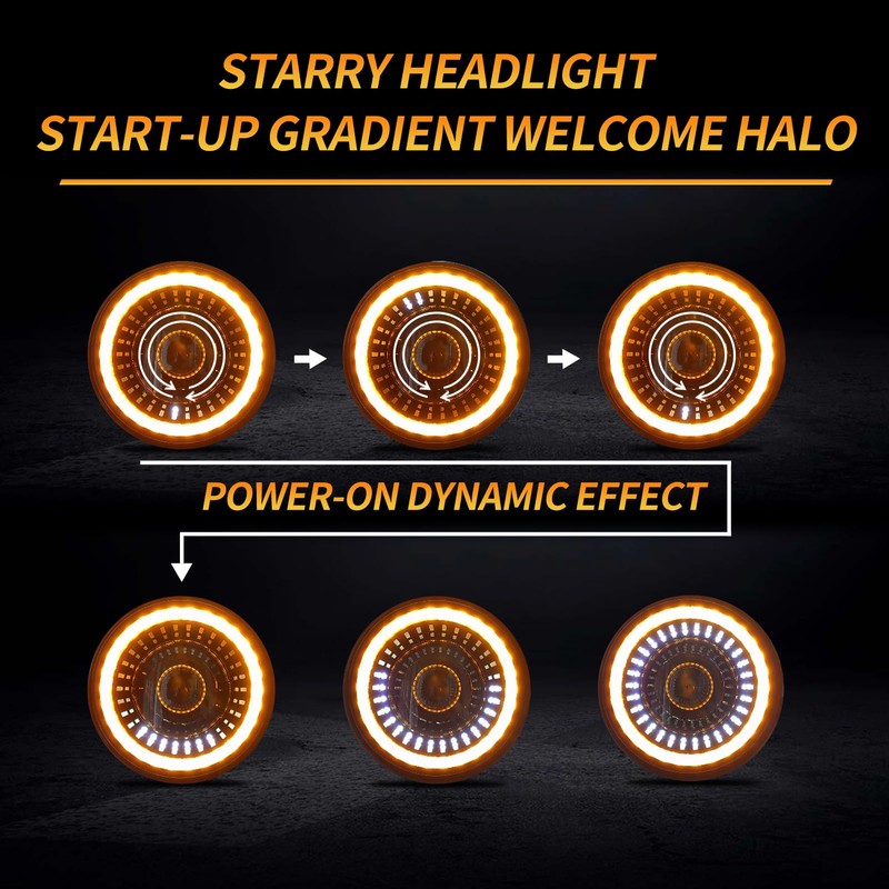 HARPUOU 7inch Flowing White/Amber DRL LED Motorcycle Start-up Headlight with
