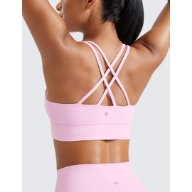 CRZ YOGA Womens Butterluxe Strappy Longline Sports Bra - Molded Cup Double Spaghetti Strap Workout Yoga Crop Top Athletic Vita Pink Medium