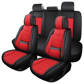 otoez Nappa Leather Car Seat Covers Full Set, Breathable Leather Automotive Seat Covers Front & Rear Seat Protectors with Lumbar Support, Universal Fit for Most 5 Seats Cars SUV Truck Sedan(Black+Red)