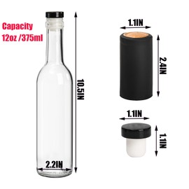 Cedilis 12 Pack Glass Wine Bottles, 12oz /375ml Bordeaux-Style Glass Bottle, Clear Empty Liquor Bottles with T-Top Caps and Shrink Capsule Cap