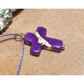 Kintsugi Petite Cross Purple Howlite, Broken, Mended with 23k Gold, Cord Necklace