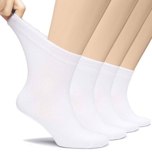 Hugh Ugoli Men's Loose Diabetic Ankle Socks Bamboo, Wide, Thin, Seamless Toe and Non-Binding Top, 4 Pairs, White, Shoe Size: 11-13