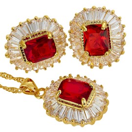 RIZILIA Jewelry Set Pendant with 18" Chain & Stud Earrings Rectangular Cut CZ [Simulated Red Ruby] in Yellow Gold Plated, Simple Modern Elegant