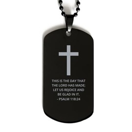 DARIN GIFT Bible Verse Black Dog Tag, Psalm 118:24 Motivational Inspirational Quotes Gifts Cross Faith Engraved Stainless Steel Chain Necklace For Men Women Kids