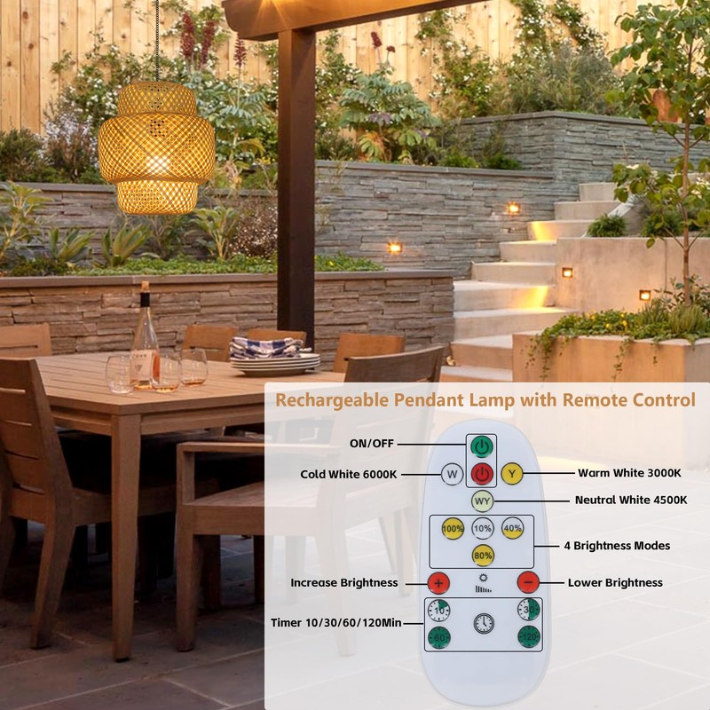 HMVPL Battery Operated Chandelier with Hook, Bamboo Outdoor Battery Operated