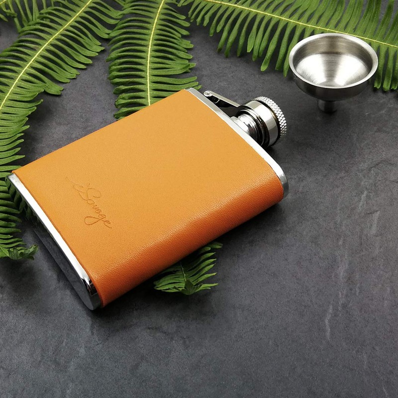 iSavage 3oz Orange Leather Wrapped Hip Flask with a Funnel