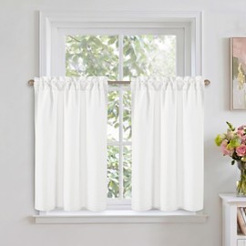 DWCN White Faux Linen Kitchen Curtains, 36 Inch Drop Cafe Curtains for Small Windows, Solid Colour Short Window Curtain Tiers for Bathroom, Cupboard, Sink, Rod Pocket, W 26 x L 36 Inch, 2 Panels